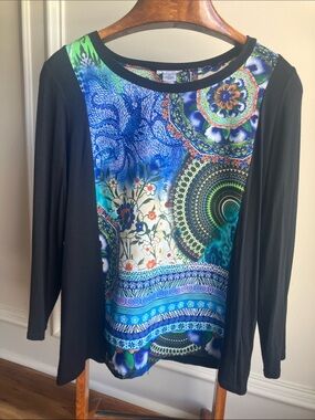 Allison Taylor Black Long Sleeve Top with Blue and Green Printed Front Panel
